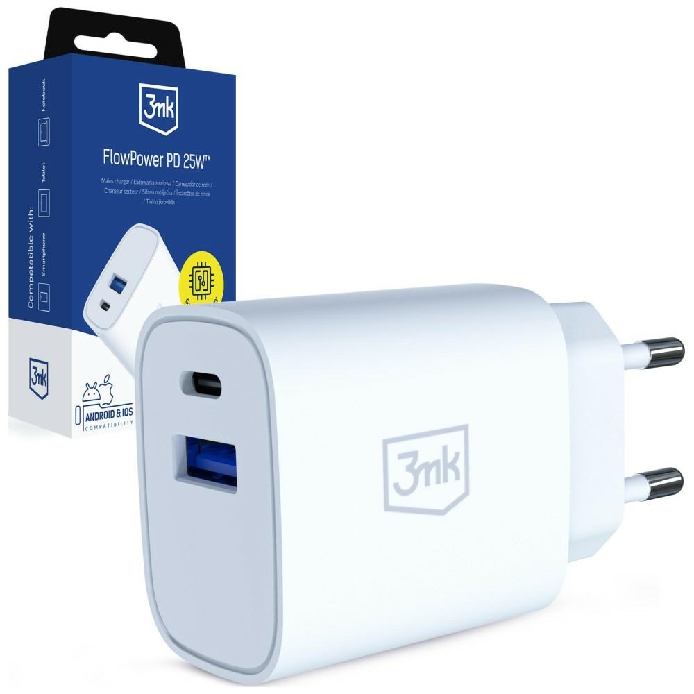 3MK Ładowarka Sieciowa FlowPower USB-A + USB-C 25W PD QC4+ biały