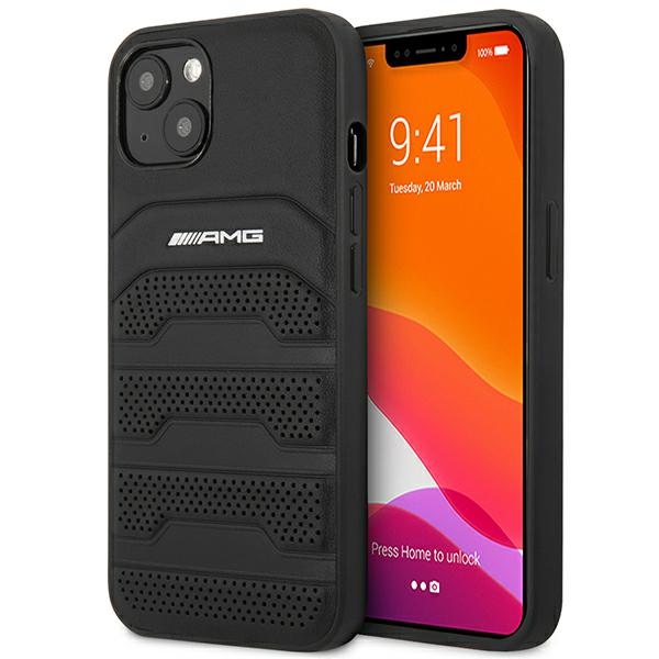 Mercedes AMG AMHCP14SGSEBK iPhone 14 / 15 / 13 6.1" black hard case with debossed leather lines