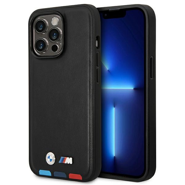 BMW BMHMP14L22PTDK iPhone 14 Pro 6.1" Black Leather Stamp Tricolor Magsafe Case