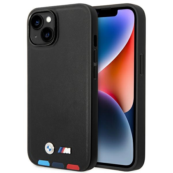 BMW BMHCP14M22PTDK iPhone 14 Plus / 15 Plus 6.7" Black Leather Stamp Tricolor Case