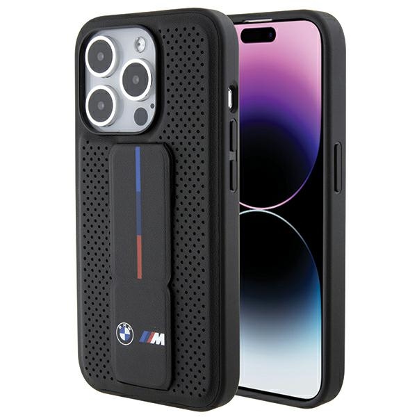 BMW BMHCP15LGSPPRK iPhone 15 Pro 6.1" black hardcase with Grip Stand, Smooth AND Perforated
