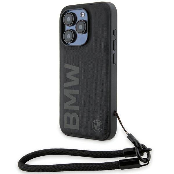 BMW BMHCP15L23RMRLK iPhone 15 Pro 6.1" black hard case with Signature Leather Wordmark Cord