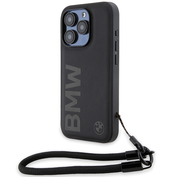 BMW BMHCP15X23RMRLK iPhone 15 Pro Max 6.7" black hard case with Signature Leather Wordmark Cord