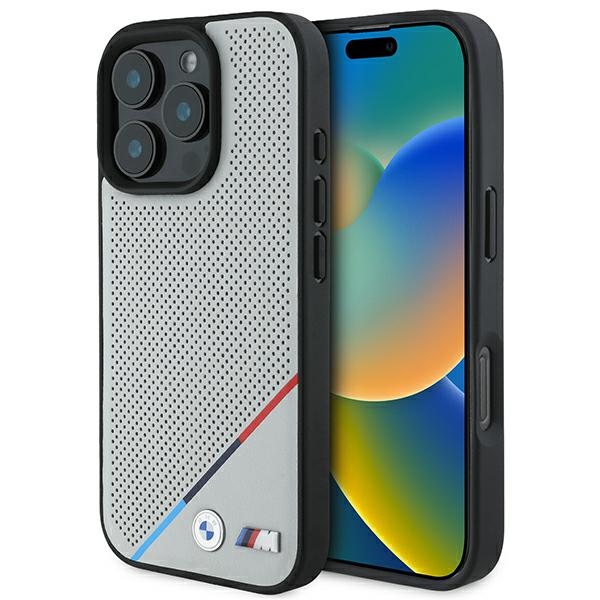 BMW BMHMP16L23PUPDG iPhone 16 Pro 6.3" grey hard case M Perforated Tricolor Line MagSafe