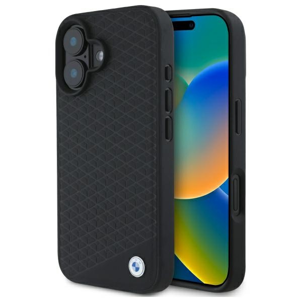 BMW BMHMP16S23RDDK iPhone 16 6.1" black hard case with Sign Leather, Diamond Metal Logo, and MagSafe compatibility