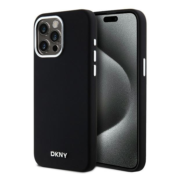 DKNY DKHMP15XSMCHLK iPhone 15 Pro Max 6.7" black hard case with Liquid Silicone and Small Metal Logo, MagSafe compatible