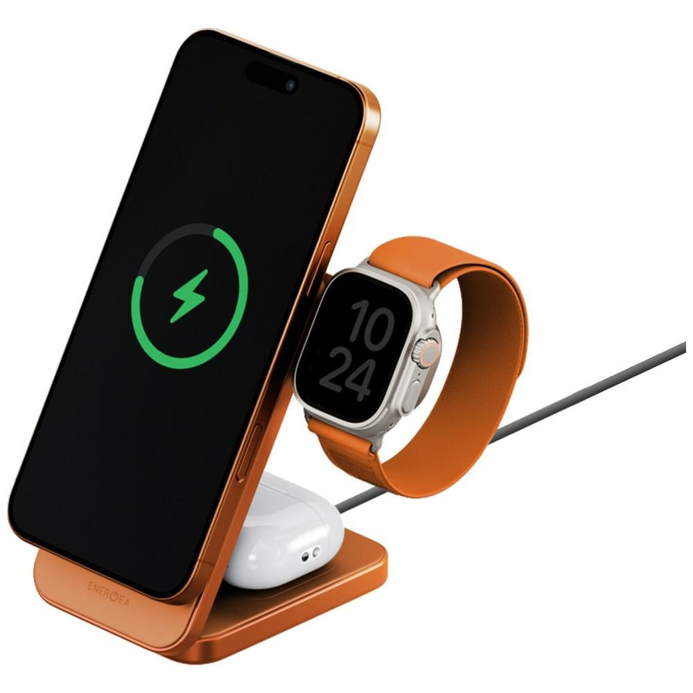 Energea MagTrio 2 induction charger, 3-in-1 Qi2 25W, foldable, orange