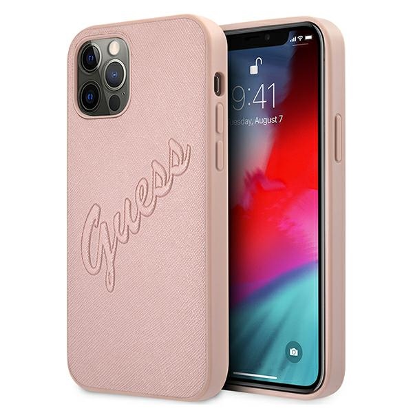 GUESS GUHCP12LRSAVSRG iPhone 12 Pro Max 6.7" pink Saffiano hardcase with vintage script