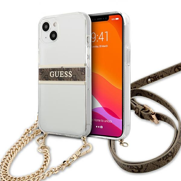 GUESS GUHCP13SKC4GBGO iPhone 13 mini 5.4" Transparent Hard Case with Brown Strap and Gold Chain