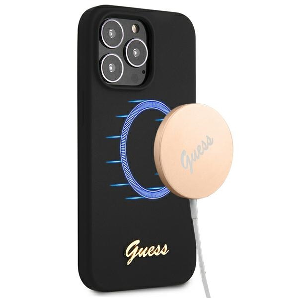 GUESS GUHMP13LLSLMGBK iPhone 13 Pro / 13 6.1" black/czarny hardcase with Silicone Script Gold Logo and MagSafe