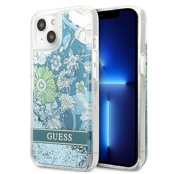 GUESS GUHCP13MLFLSN iPhone 13 / 14 / 15 6.1" green hard case with flower liquid glitter