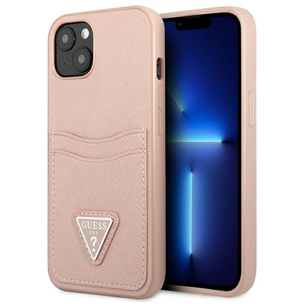 GUESS GUHCP13SPSATPP iPhone 13 mini 5.4" pink Saffiano hard case with Triangle Logo and Cardslot