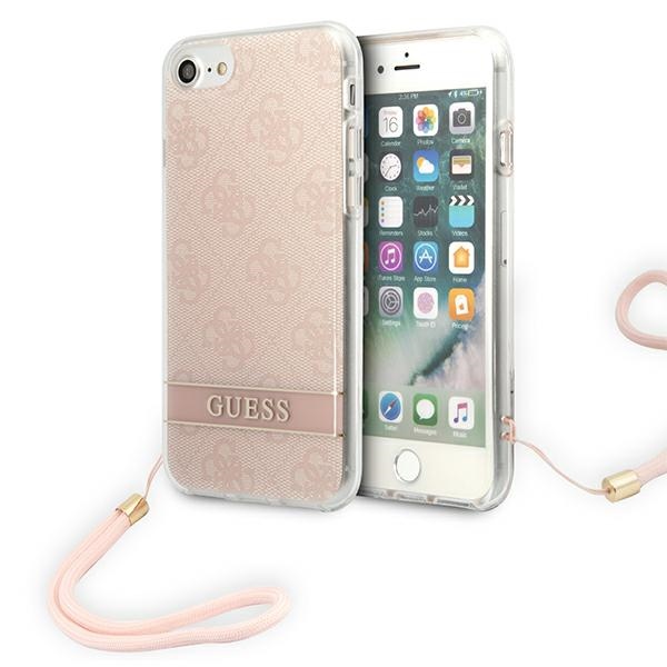 GUESS GUOHCI8H4STP iPhone SE 2022 / SE 2020 / 7/ 8 pink hard case with 4G print strap