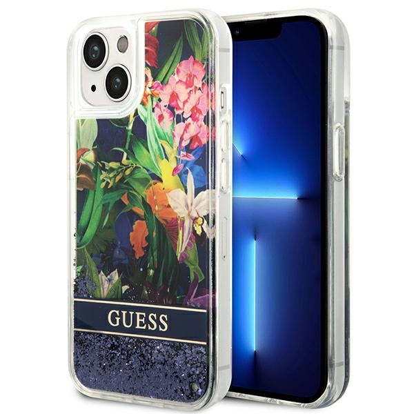 GUESS GUHCP14MLFLSB iPhone 14 Plus / 15 Plus 6.7" blue hardcase with flower liquid glitter