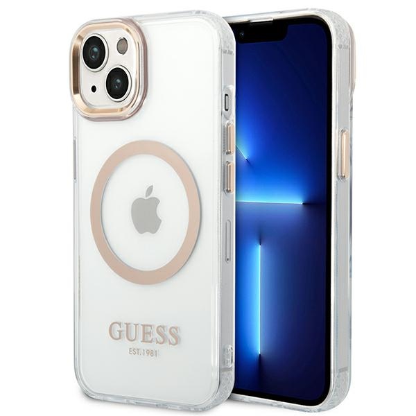 GUESS GUHMP14SHTRMD iPhone 14 / 15 / 13 6.1" gold hard case with metal outline and Magsafe