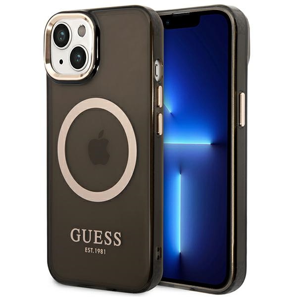 GUESS GUHMP14MHTCMK iPhone 14 Plus / 15 Plus 6.7" black hard case with gold outline, translucent, MagSafe