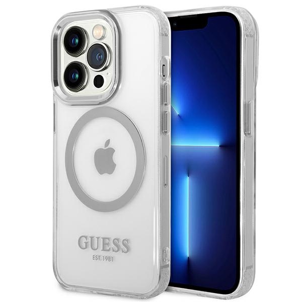GUESS GUHMP14LHTRMS iPhone 14 Pro 6.1" silver hard case with metal outline and Magsafe