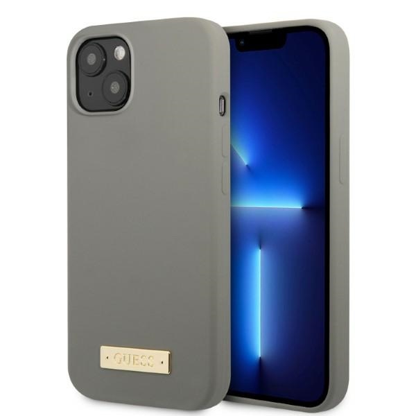 GUESS GUHMP13MSPLG iPhone 13/14/15 6.1" gray hard case with silicone logo plate and MagSafe compatibility