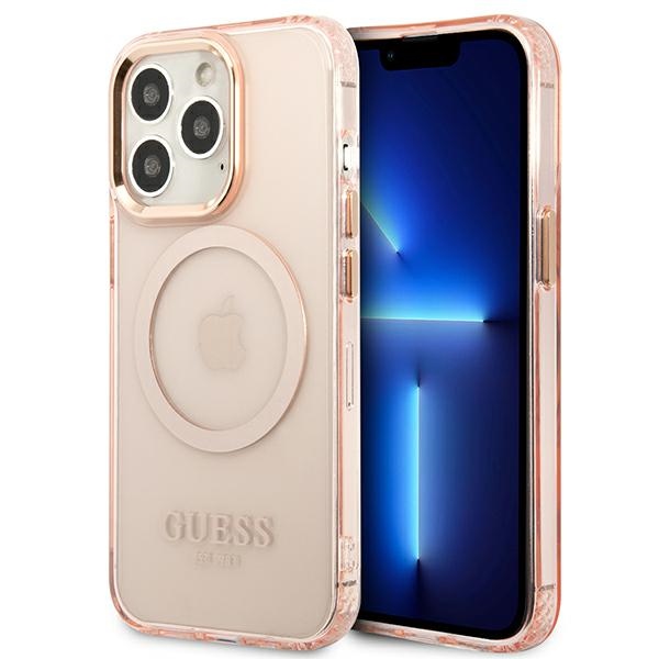GUESS GUHMP13LHTCMP iPhone 13 Pro / 13 6.1" pink hard case with gold outline, translucent, MagSafe compatible
