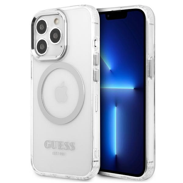 GUESS GUHMP13LHTRMS iPhone 13 Pro / 13 6.1" silver hard case with metal outline and Magsafe compatibility