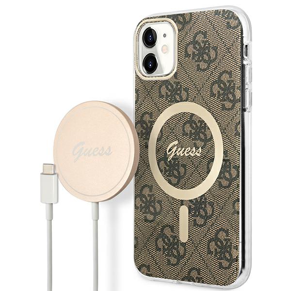 GUESS Case GUBPN61H4EACSW Case+Charger iPhone 11 6.1" brown hard case with 4G Print MagSafe
