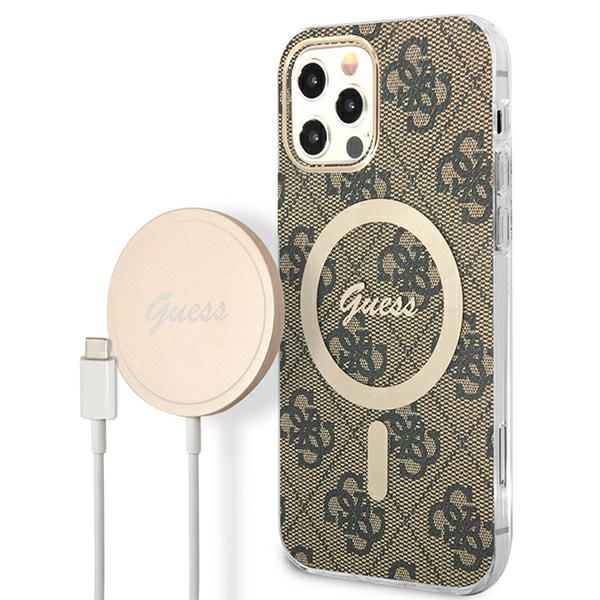 GUESS Case GUBPP12MH4EACSW + Charger for iPhone 12/12 Pro, brown, hard case with 4G Print, MagSafe
