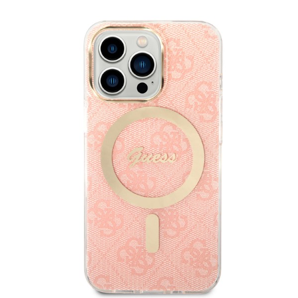 GUESS Case GUBPP13LH4EACSP + Charger, iPhone 13 Pro, pink hard case, 4G Print, MagSafe