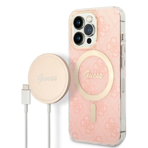 GUESS Case GUBPP13XH4EACSP + Charger, Pink iPhone 13 Pro Max, 4G Print, MagSafe Hard Case