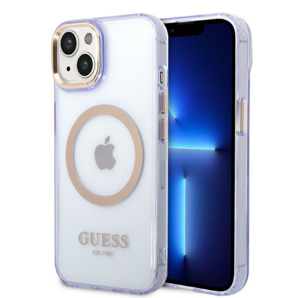GUESS GUHMP14SHTCMU iPhone 14 / 15 / 13 6.1" purple hard case with gold outline and translucent MagSafe
