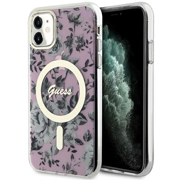 GUESS GUHMN61HCFWSP iPhone 11 / Xr 6.1" pink hard case with Flower MagSafe design