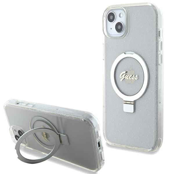 GUESS GUHMP15MHRSGSD iPhone 15 Plus / 14 Plus 6.7" Clear Hard Case with Ring Stand, Script Glitter, and MagSafe Compatibility