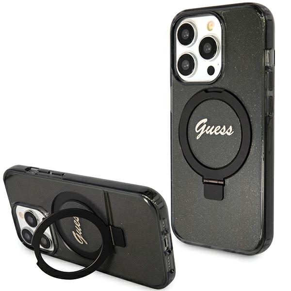 GUESS GUHMP15LHRSGSK iPhone 15 Pro 6.1" black hard case with Ring Stand, Script Glitter, and MagSafe compatibility