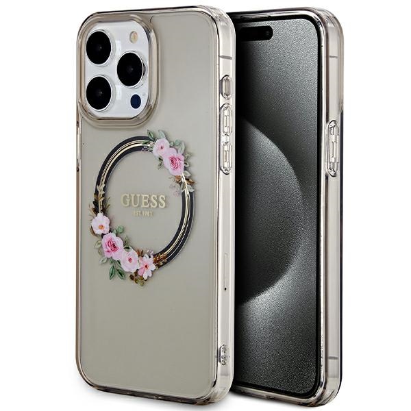 GUESS GUHMP15XHFWFCK iPhone 15 Pro Max 6.7" black hard case with IML Flowers Wreath MagSafe