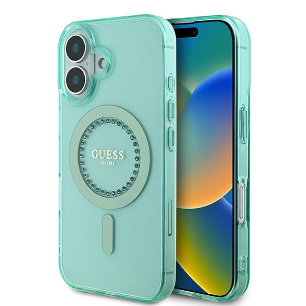 GUESS GUHMP16MPFTDTEN iPhone 16 Plus 6.7" green hard case with IML Rhinestones and MagSafe compatibility