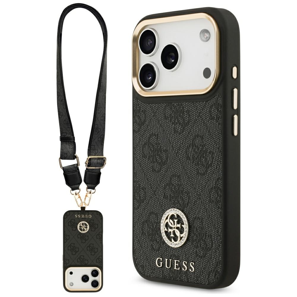 GUESS 4G Strass Logo AND Big Strap Metal Buttons MagSafe Case for iPhone 17 Pro / 18 Pro black