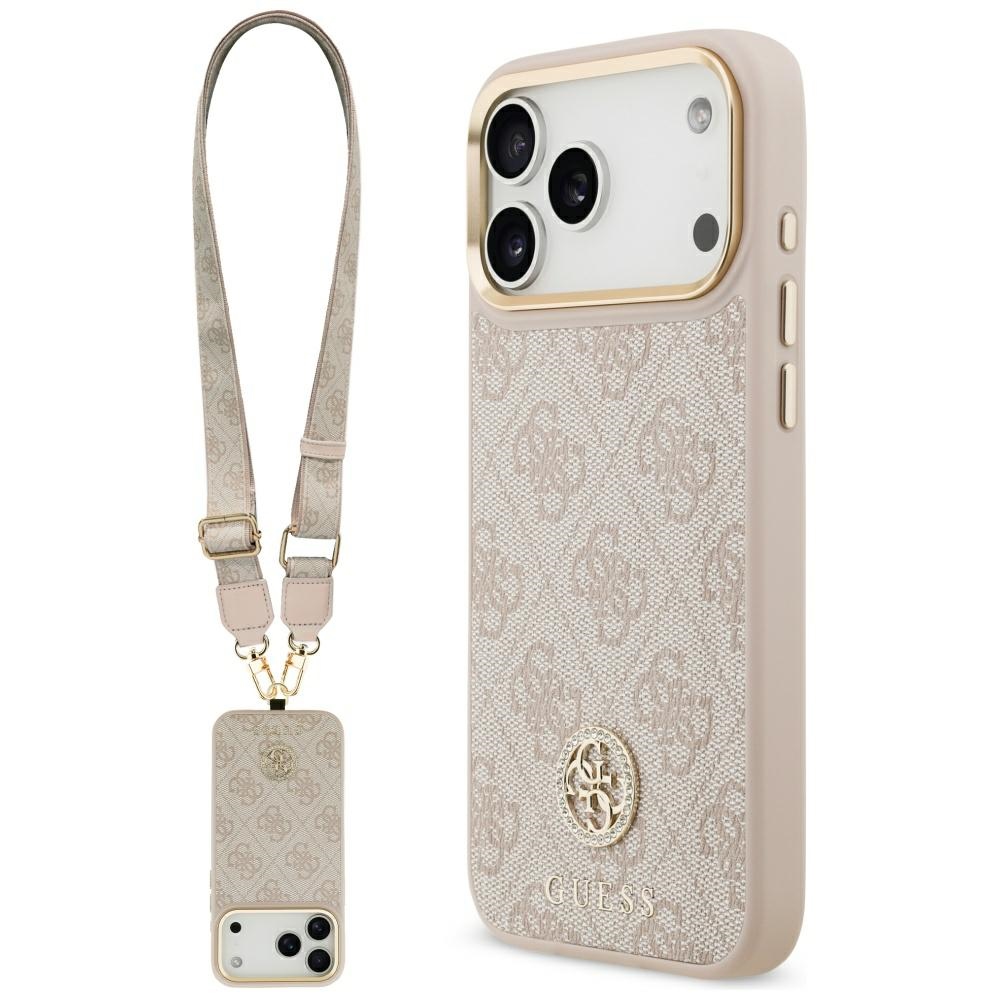 GUESS 4G Strass Logo AND Big Strap Metal Buttons MagSafe Case for iPhone 17 Pro Max / 18 Pro Max pink
