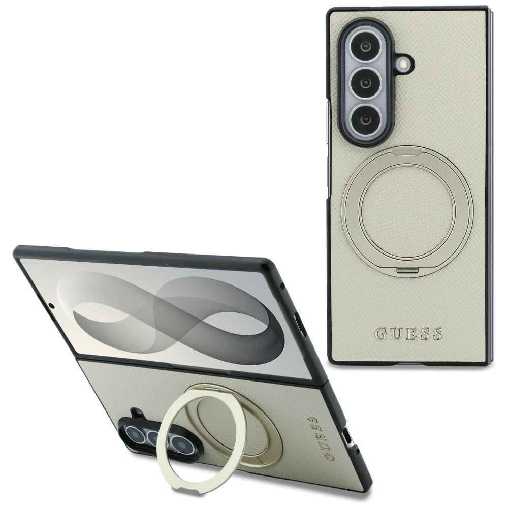 GUESS Magnetic Ring Stand Case Grained Classic Logo MagSafe for Samsung Galaxy Z Fold8 Ultra beige