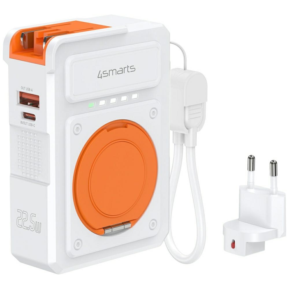 4smarts 6in1 USB-C/USB-A PD 20W hybrid charger with 10,000 mAh power bank, Qi inductive charging, USB-C cable, 360-degree stand, white