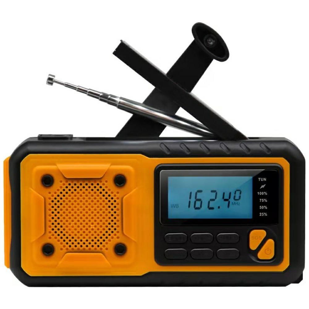 Emergency AM/FM radio with dynamo, IPX3 rating, featuring a flashlight, power bank, and solar panel