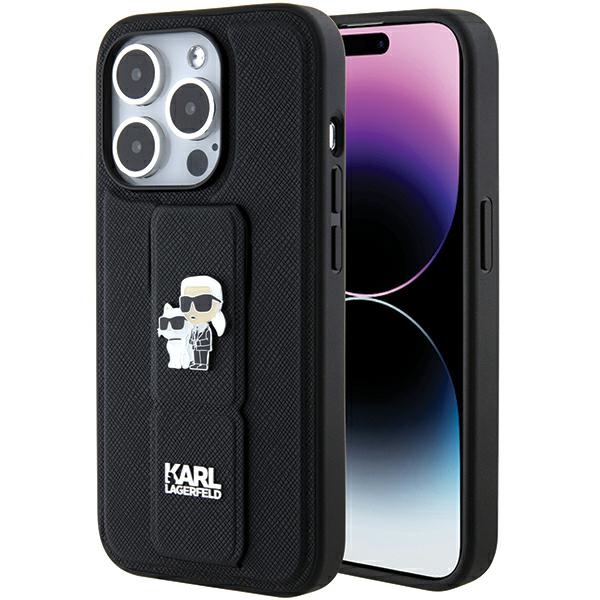 Karl Lagerfeld KLHCP15LGSAKCPK iPhone 15 Pro 6.1" black hardcase Gripstand Saffiano Karl AND Choupette Pins
