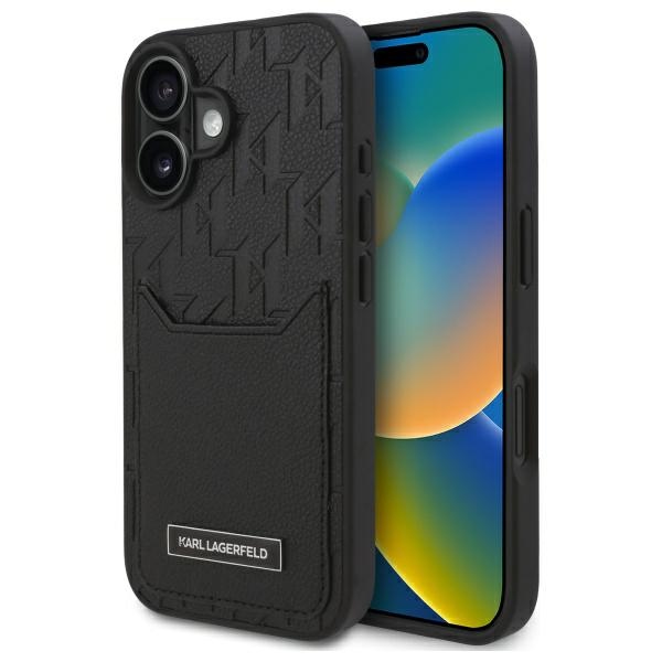 Karl Lagerfeld KLHCP16SPGKHPRPK iPhone 16 6.1" black hard case with card slots, monogrammed
