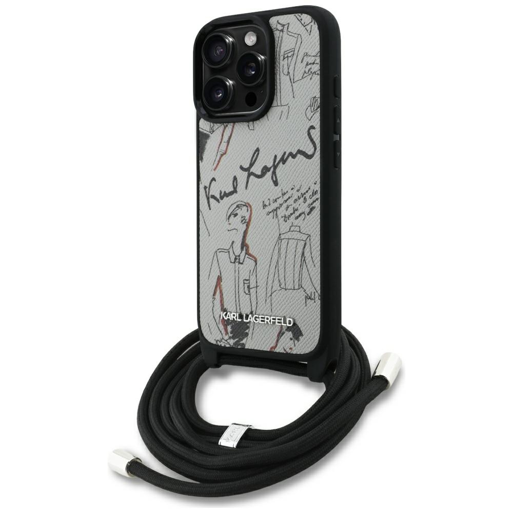 Karl Lagerfeld Crossbody Case with Grained Pattern AND Logo for iPhone 16 Pro, gray