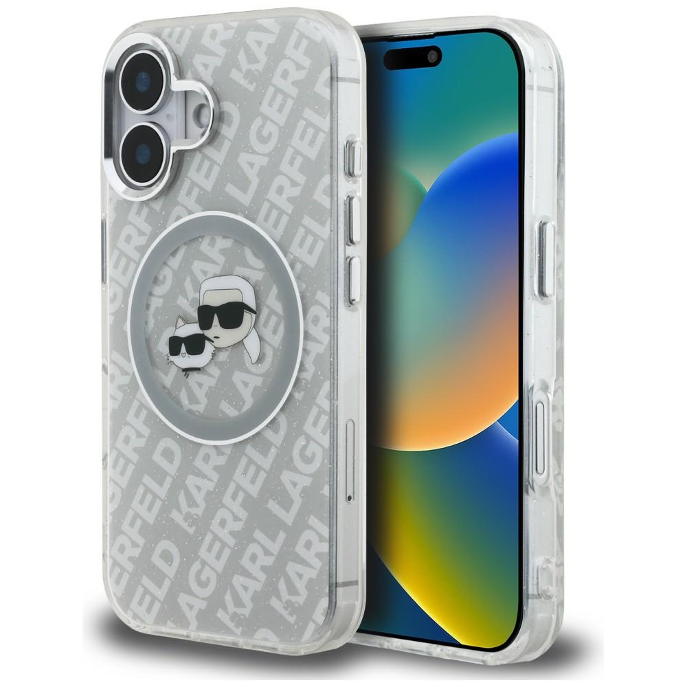 Karl Lagerfeld IML Glitter Karl AND Choupette Heads Logo MagSafe Case for iPhone 16 grey