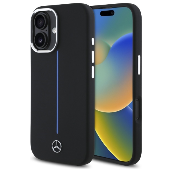 Mercedes MEHMP16S23SUMBK iPhone 16 6.1" black hard case with blue MagSafe silicone stripe