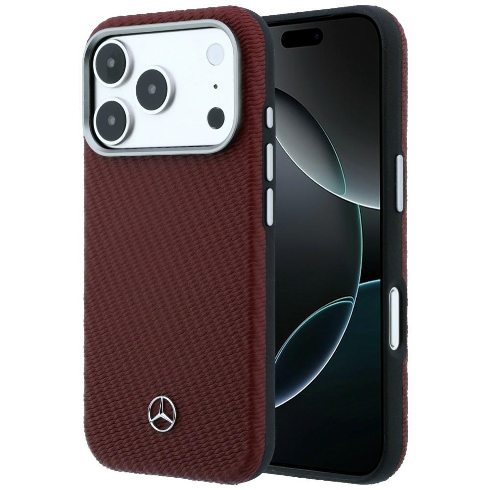 Mercedes Leather Semi Wrap Wood Effect MagSafe Case for iPhone 17 Pro Max / 18 Pro Max red