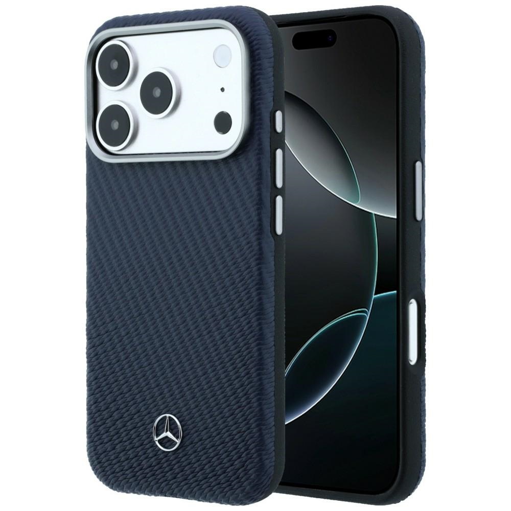 Mercedes Leather Semi Wrap Wood Effect MagSafe Case for iPhone 17 Pro Max / 18 Pro Max, navy blue