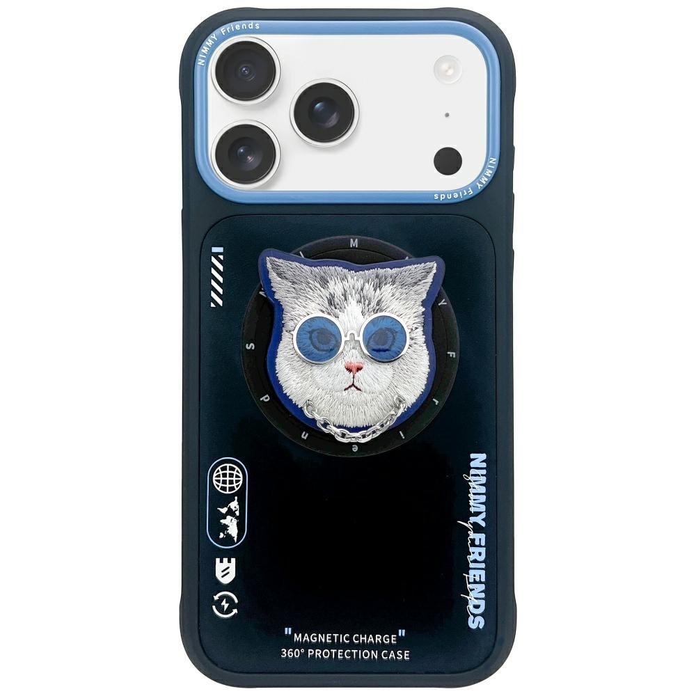 Nimmy Cool Cat MagSafe Glasses Case for iPhone 17 Pro / 18 Pro, black-blue