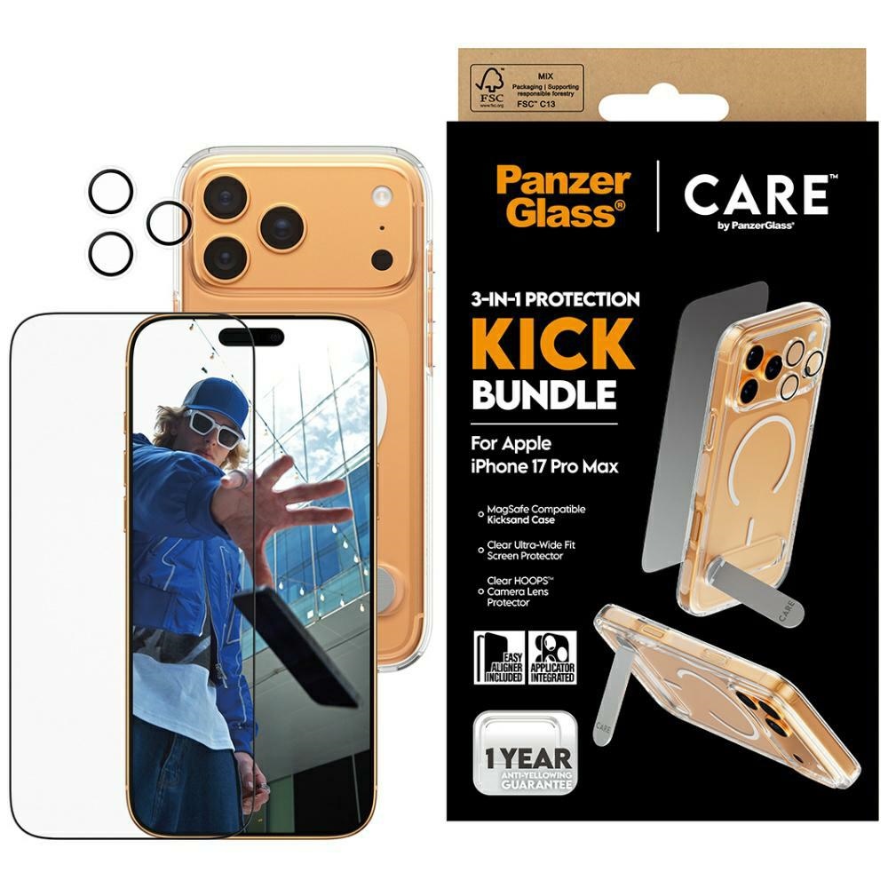 PanzerGlass CARE by Feature Kick 3-in-1 Protective Set: Case + Glass Screen Protector + Lens Shield for iPhone 17 Pro Max