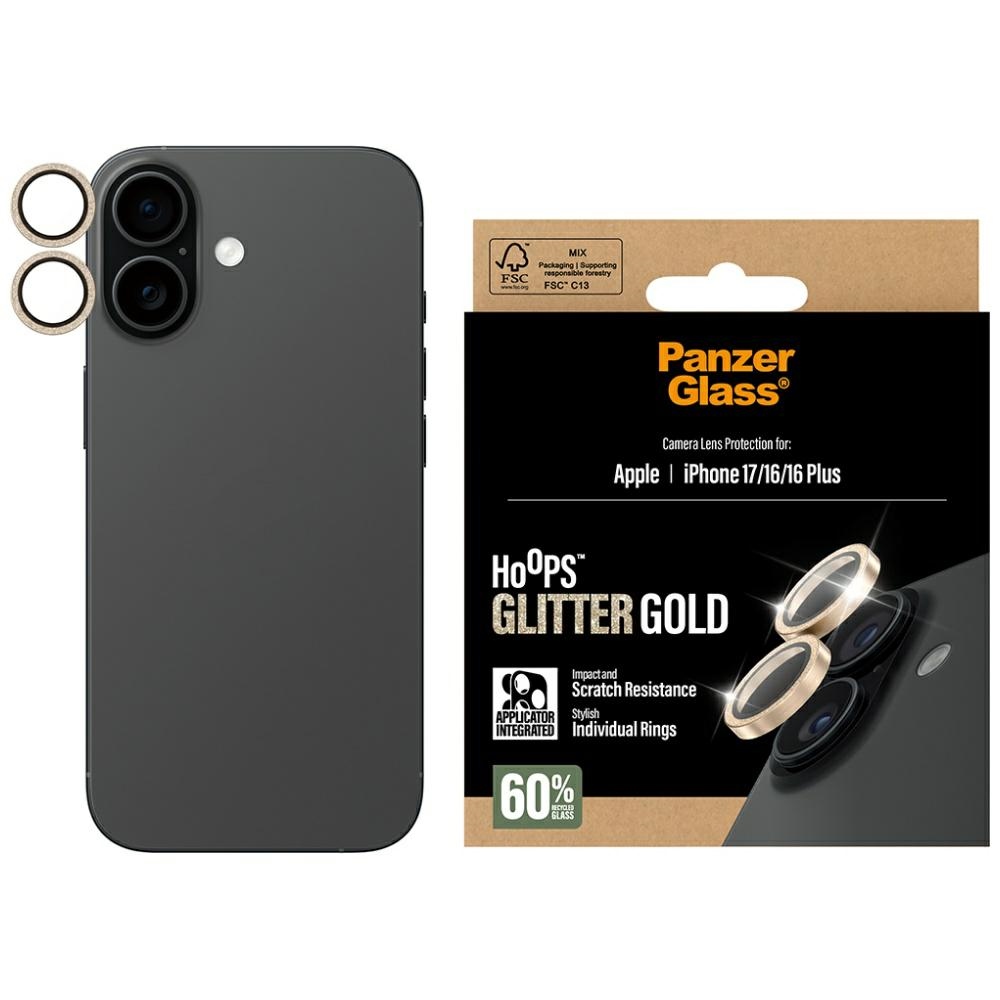 PanzerGlass Tempered glass for lens Glitter hoops for iPhone 17 / 16 / 16 Plus gold