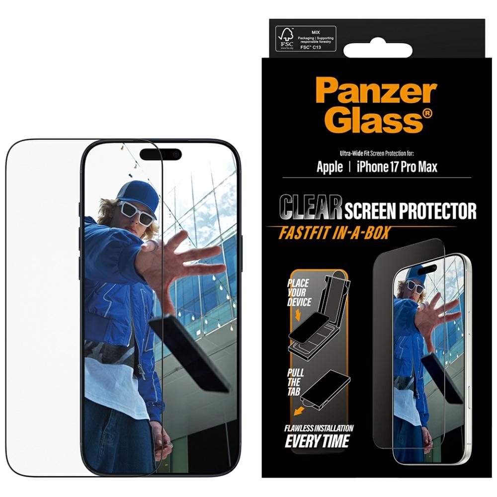 PanzerGlass Screen protector with black frame for iPhone 17 Pro Max Ultra-Wide, with Fastfit